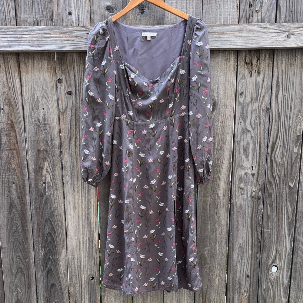 Backyard Roses Grey Ditsy Floral Sweetheart Midi Dress Cottagecore Romantic XS